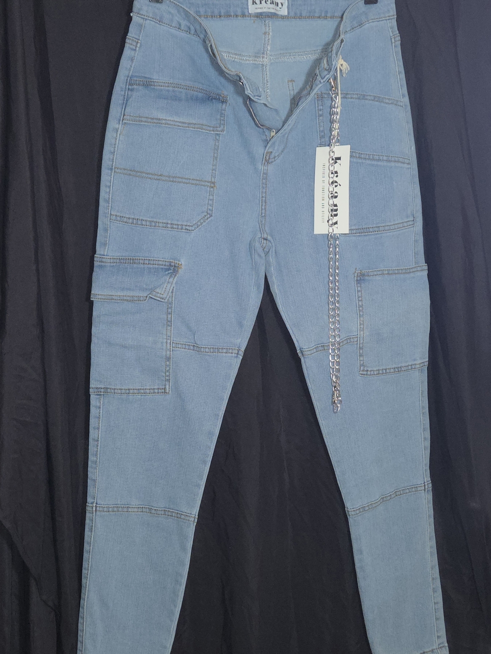 New Light Blue Women's Fashion Skinny Cargo Jeans with Chain